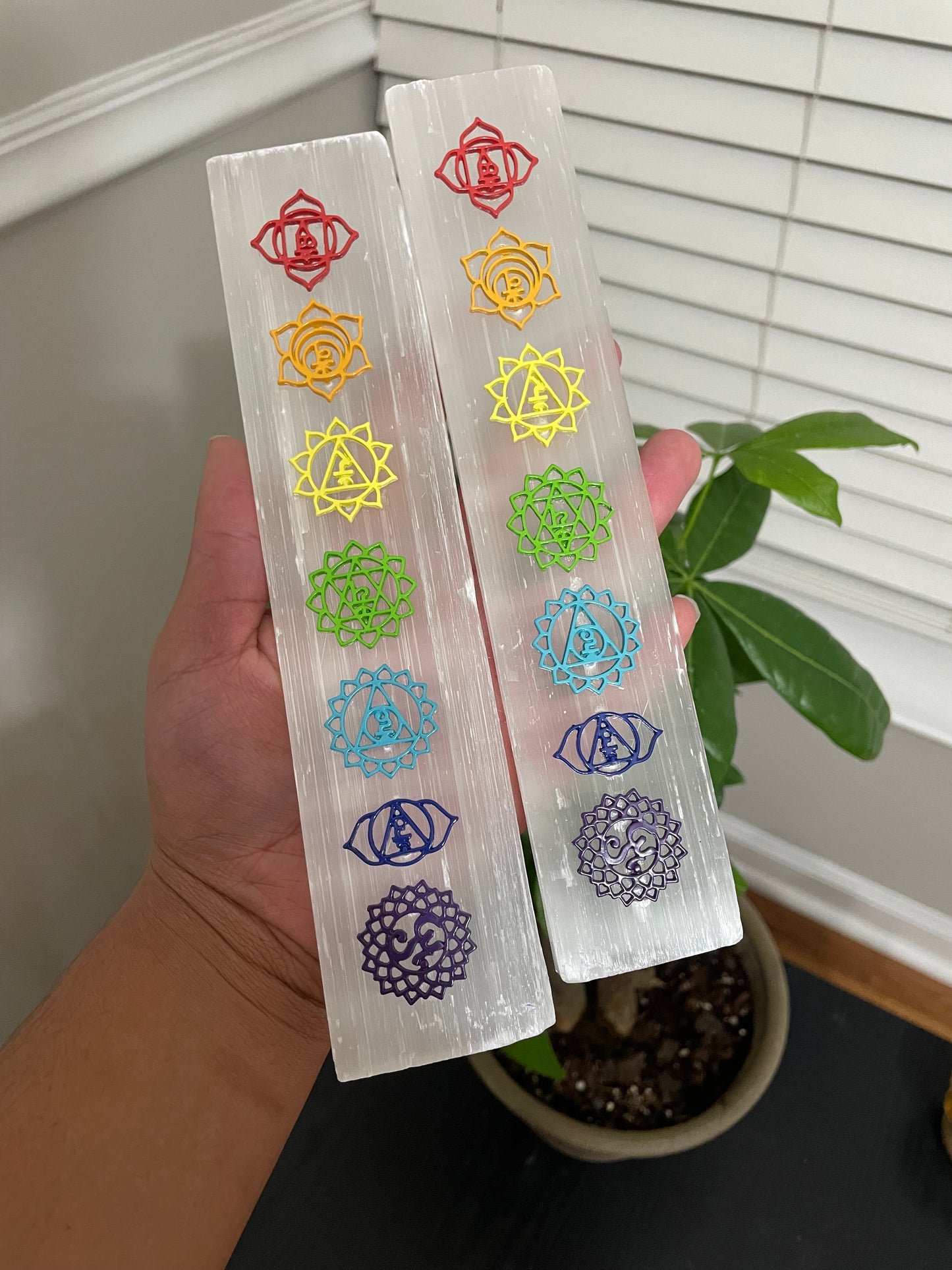 Satin spar selenite chakra wand