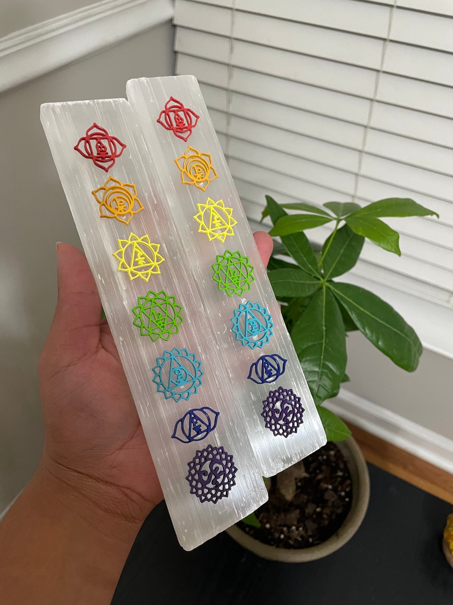 Satin spar selenite chakra wand