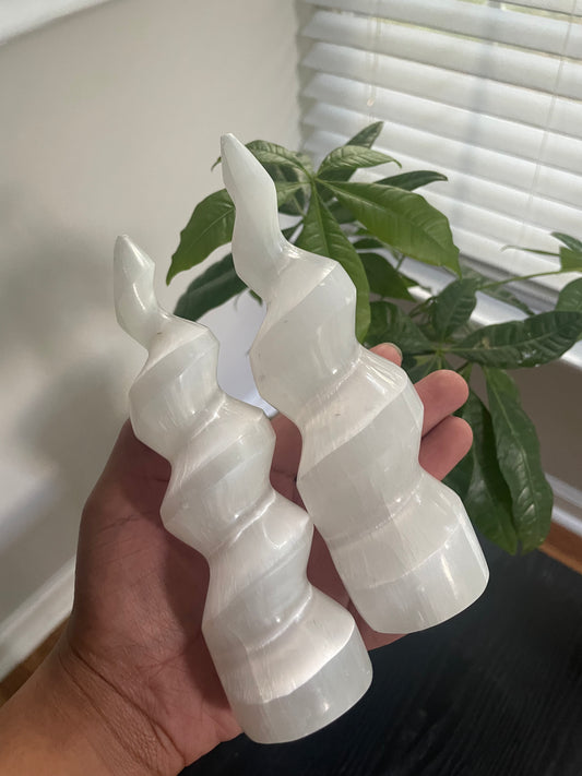 Satin spar selenite spiral tower